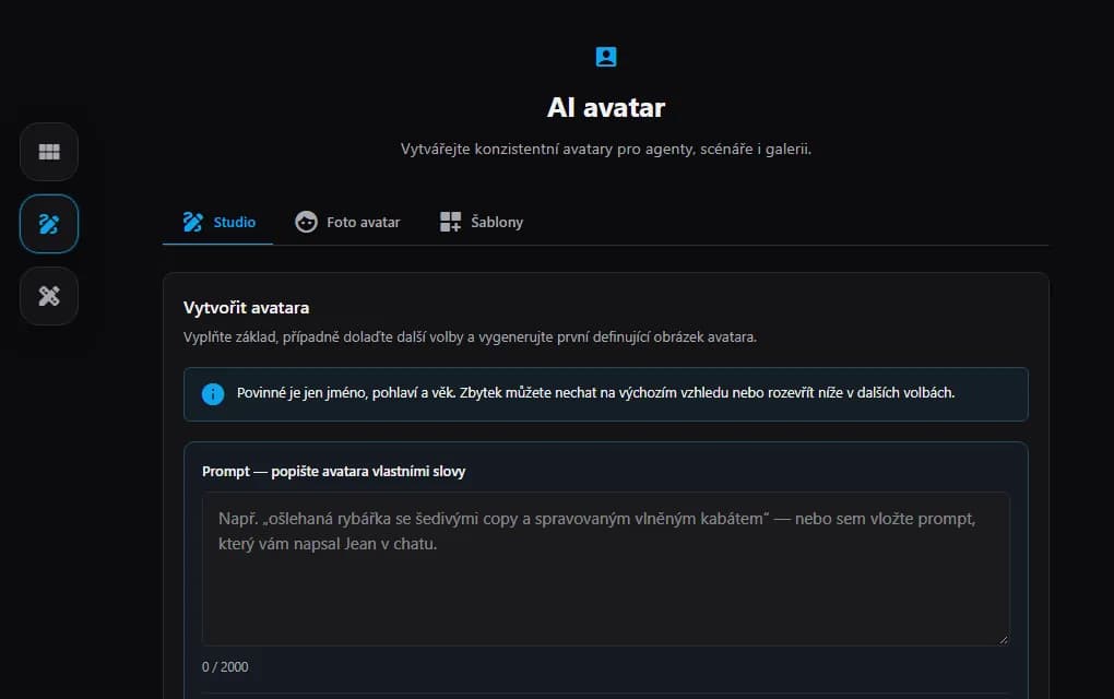 Studio avatarů: záložky Studio, Foto avatar a Šablony a formulář, kde avatara popíšete vlastními slovy