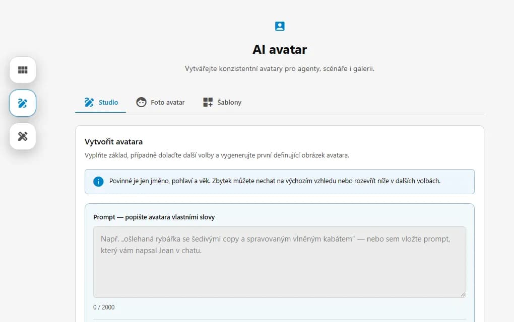 Studio avatarů: záložky Studio, Foto avatar a Šablony a formulář, kde avatara popíšete vlastními slovy