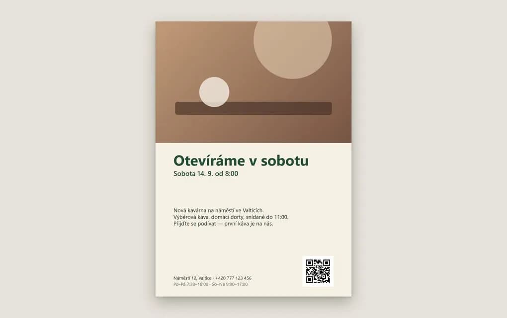 Ukázkový plakát A3 kavárny U Lípy: Otevíráme v sobotu, datum, text a QR kód