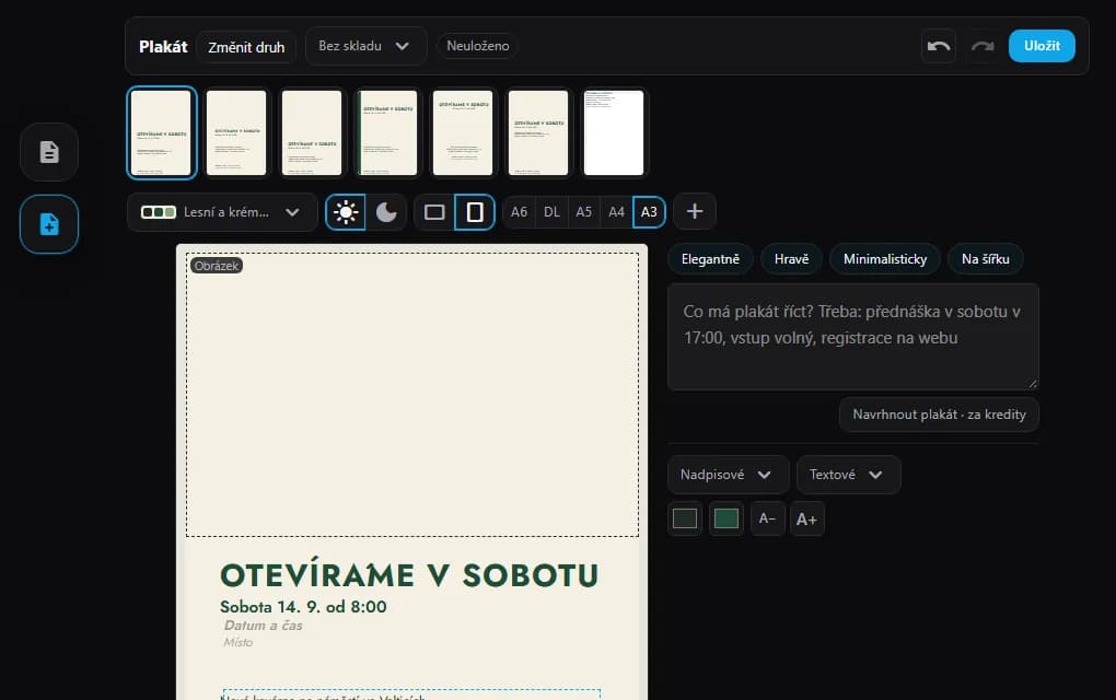 Plakát v editoru Jeana: ukázka kavárny na A3, výběr papíru od A6 po A3 a pole pro jednu větu