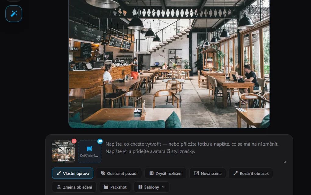 Obrázkové studio s nahranou fotkou kavárny a rychlými akcemi Vlastní úprava, Odstranit pozadí, Nová scéna, Rozšířit obrázek, Změna oblečení a Packshot