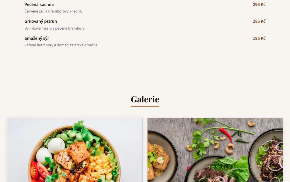 Ukázkový web restaurace U Zlaté lípy: konec jídelního lístku s cenami a galerie fotek jídel