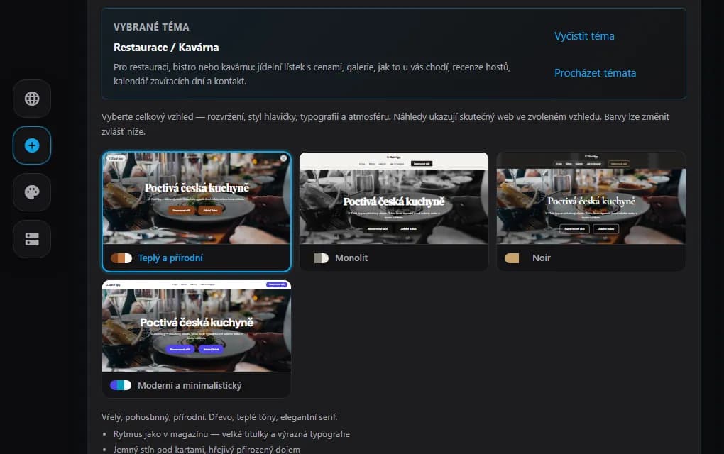 Studio tvorby webu: vybrané téma Restaurace / Kavárna a vzhledy, každý s živým náhledem webu
