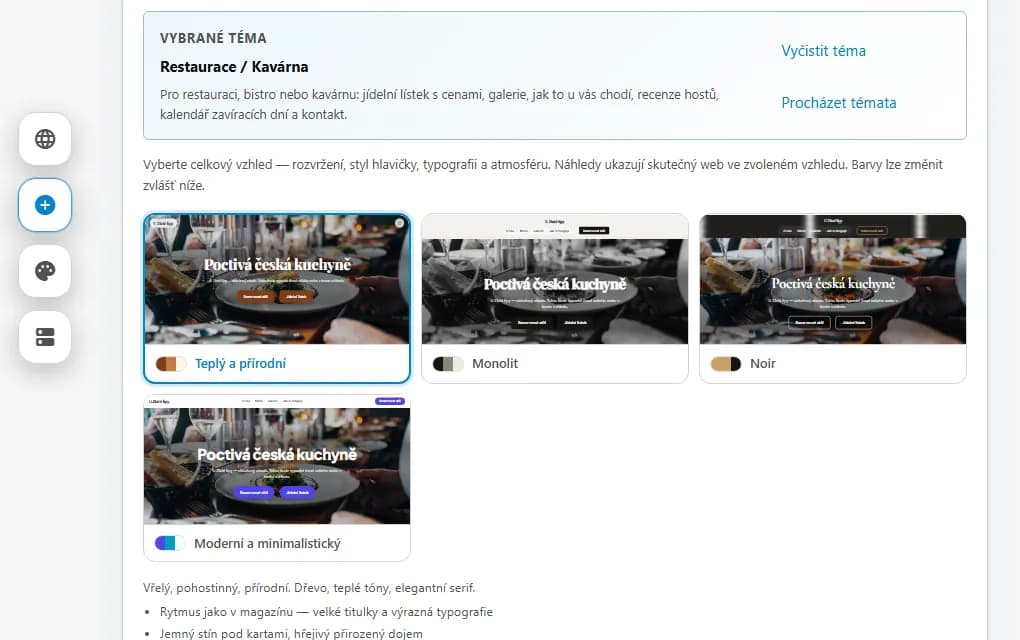 Studio tvorby webu: vybrané téma Restaurace / Kavárna a vzhledy, každý s živým náhledem webu